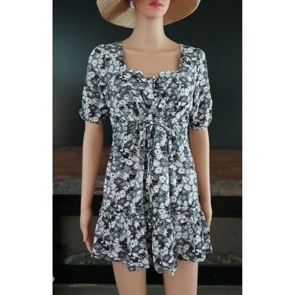 Womens Floral Babydoll Button Pull Tie Front Retro Beachy Boho Mini Summer Dress - Picture 1 of 12
